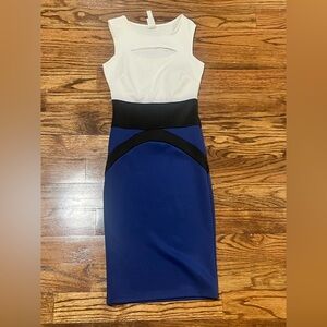 Gracie Colorblock Midi Sheath Dress in White, Black & Royal Blue